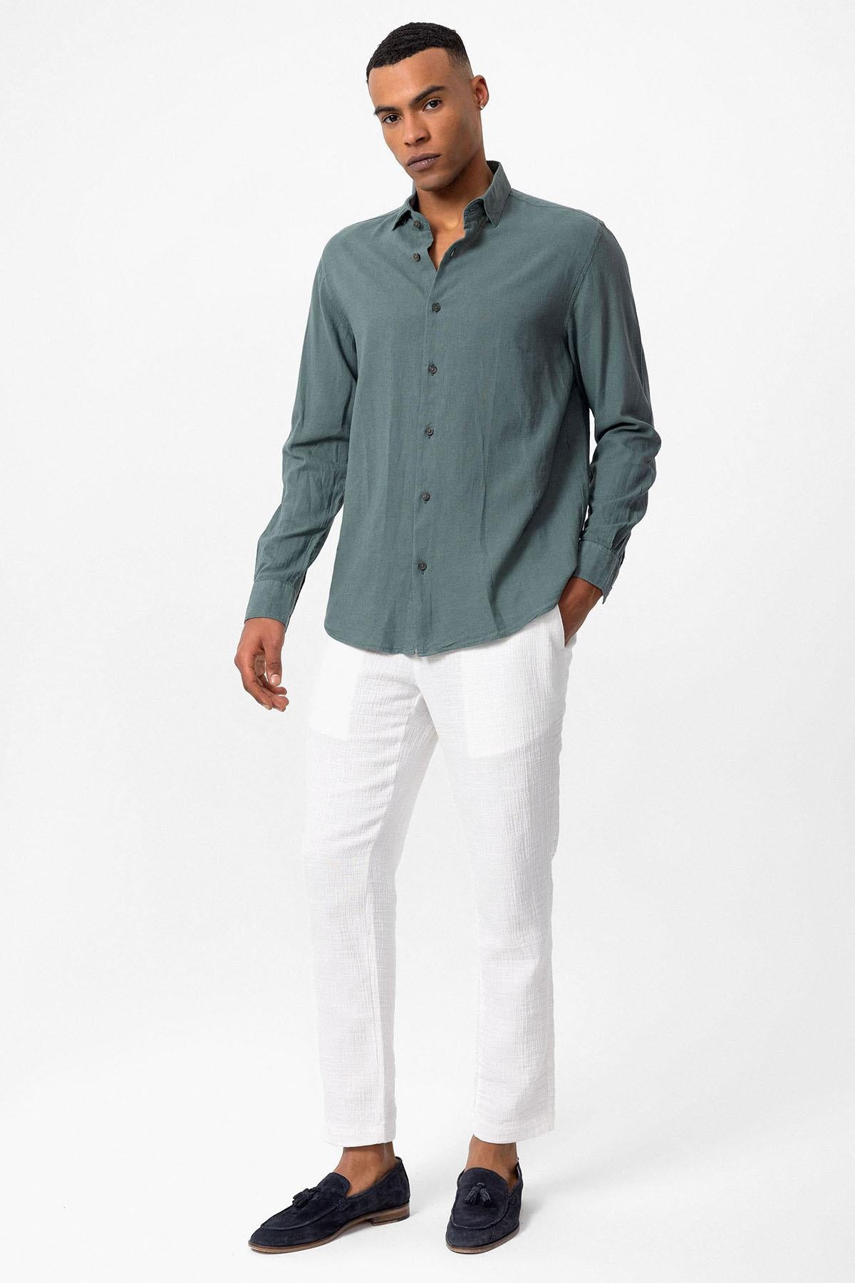 Men's Green Linen Blend Shirt -