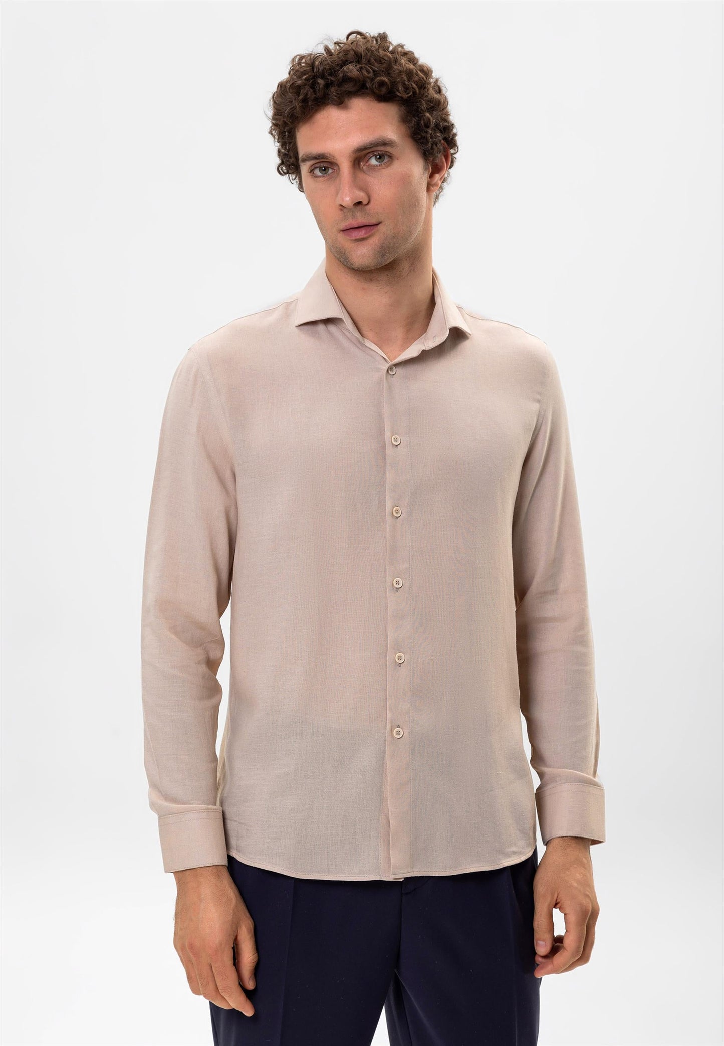 Men's Light Beige Linen Blended Relax Fit Shirt -