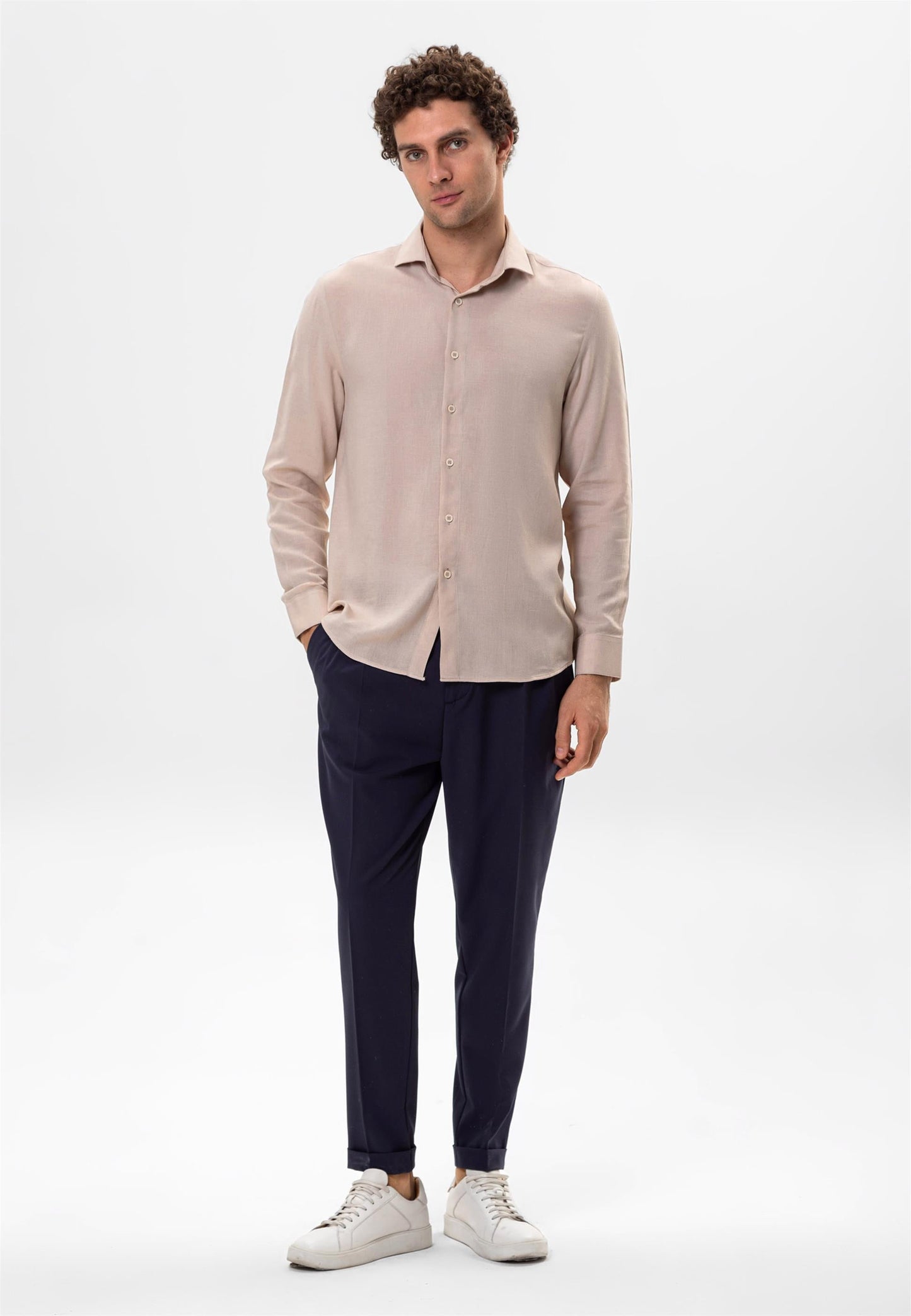 Men's Light Beige Linen Blended Relax Fit Shirt -