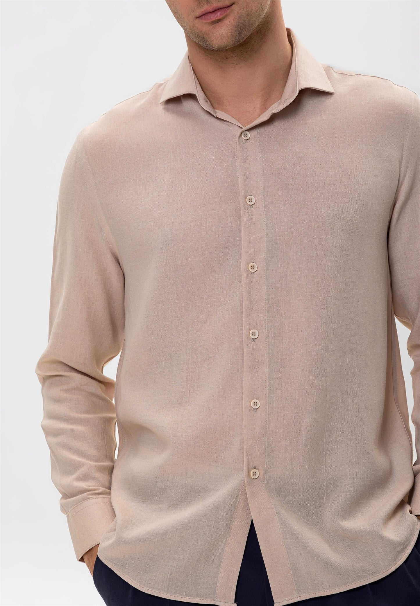 Men's Light Beige Linen Blended Relax Fit Shirt -