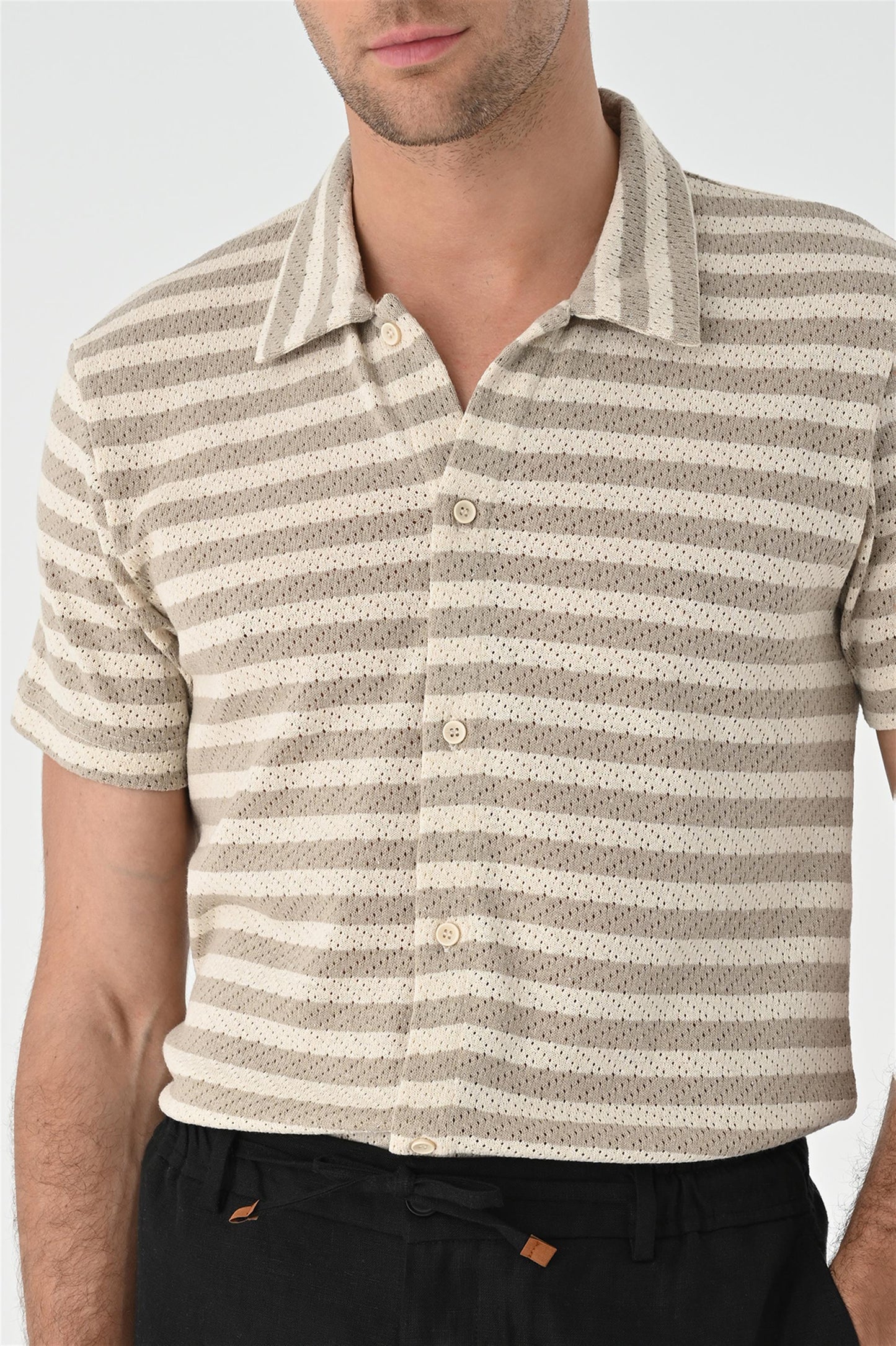 KOALA SYDNEY Men's Beige Short Sleeve Striped Knitwear Shirt