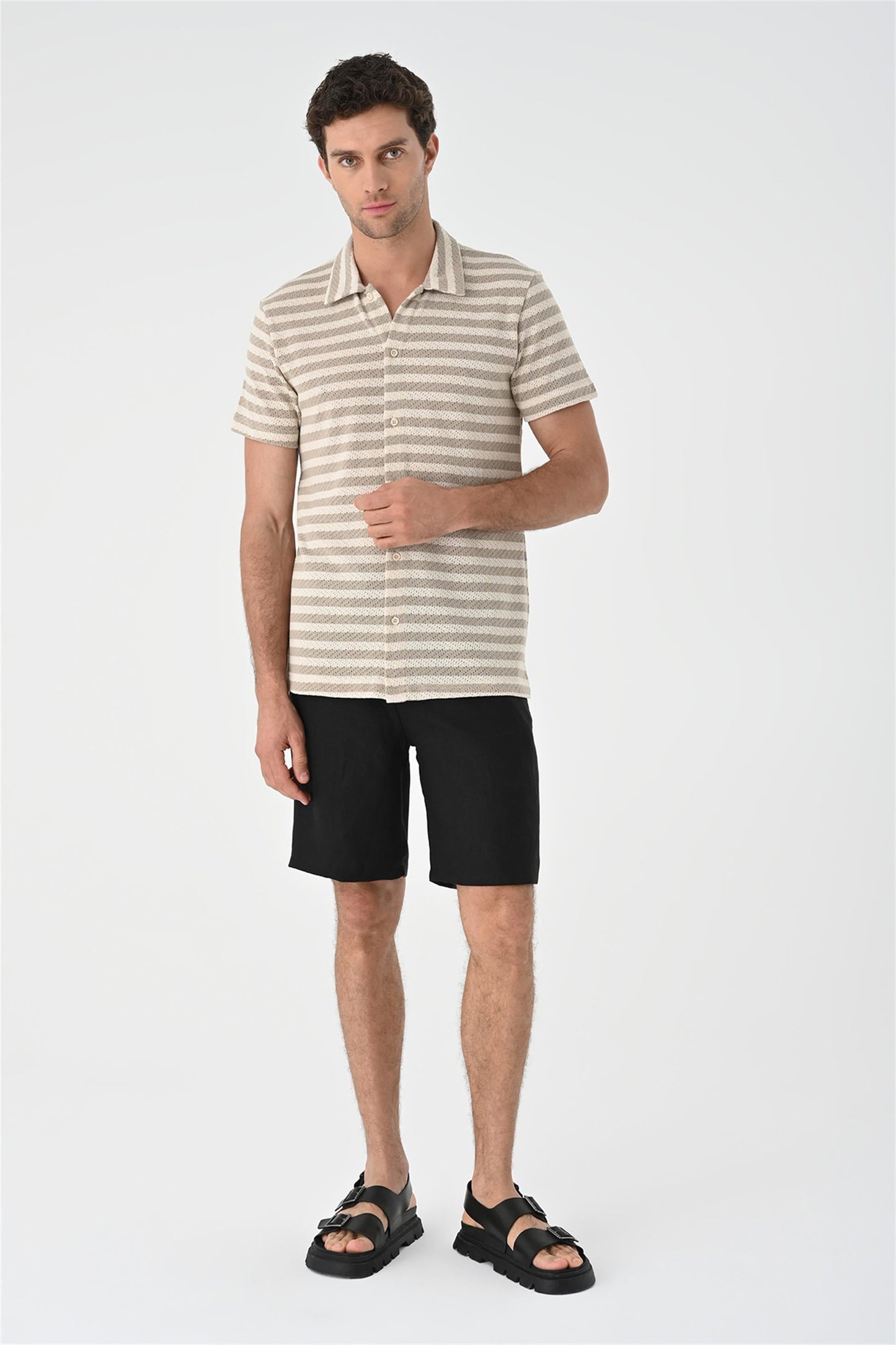 KOALA SYDNEY Men's Beige Short Sleeve Striped Knitwear Shirt