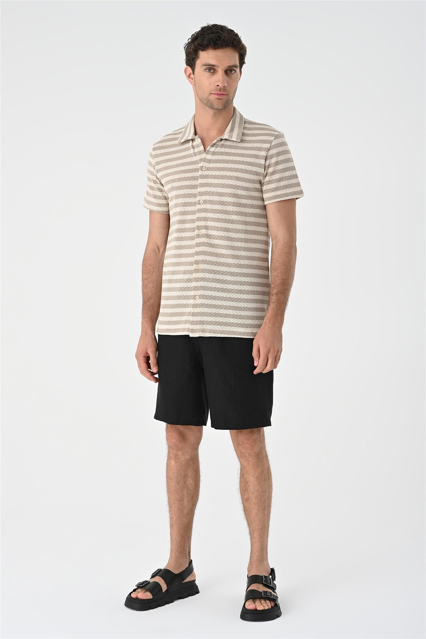 KOALA SYDNEY Men's Beige Short Sleeve Striped Knitwear Shirt
