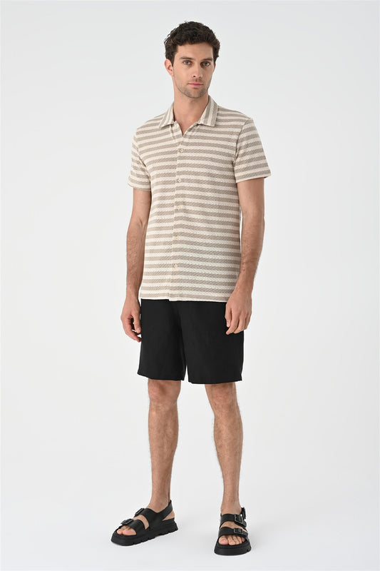 KOALA SYDNEY Men's Beige Short Sleeve Striped Knitwear Shirt