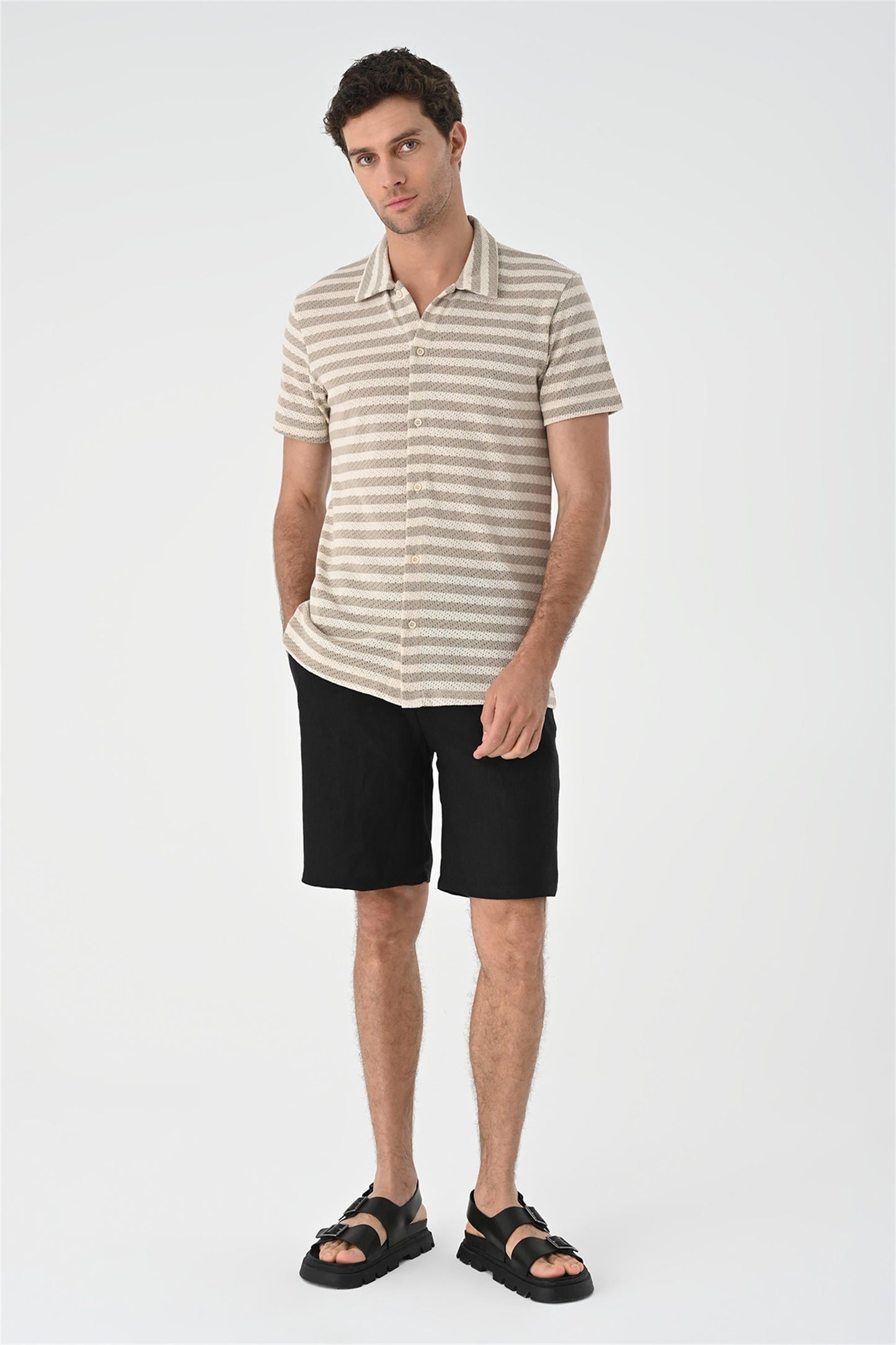 KOALA SYDNEY Men's Beige Short Sleeve Striped Knitwear Shirt