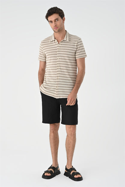 KOALA SYDNEY Men's Beige Short Sleeve Striped Knitwear Shirt
