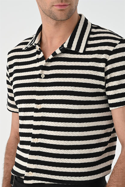KOALA SYDNEY Men's Black Short Sleeve Striped Knitwear Shirt