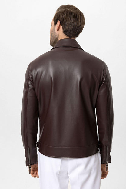 Men's Brown Zipper Sleeve Faux Leather  Jacket - Wessi