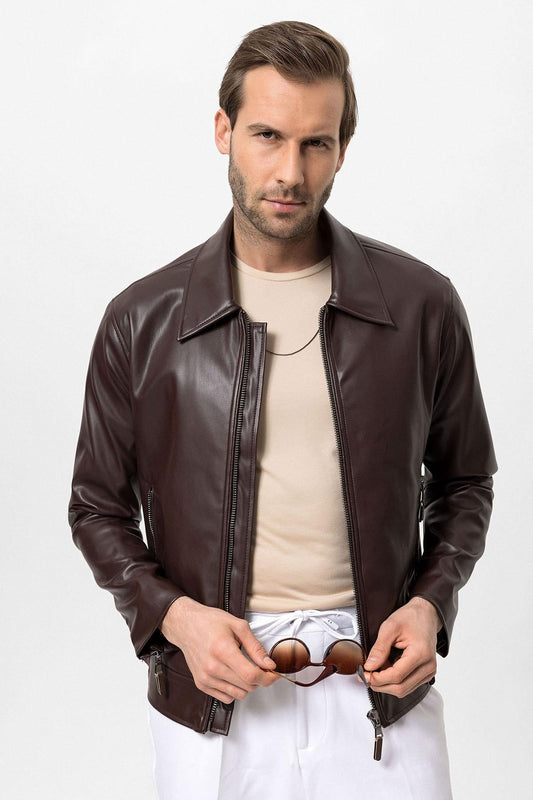 Men's Brown Zipper Sleeve Faux Leather  Jacket - Wessi
