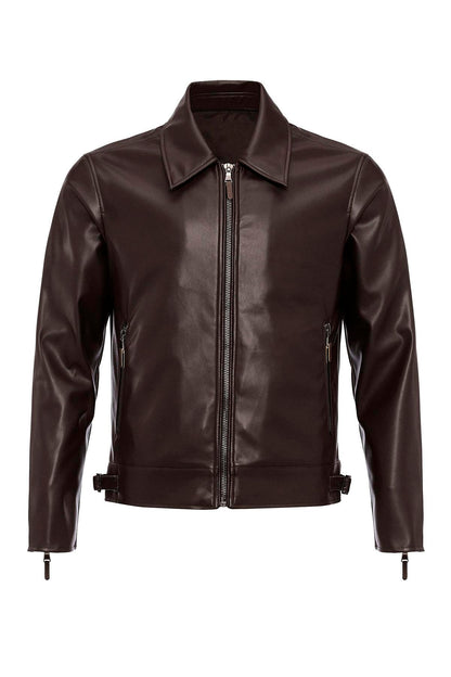 Men's Brown Zipper Sleeve Faux Leather  Jacket - Wessi