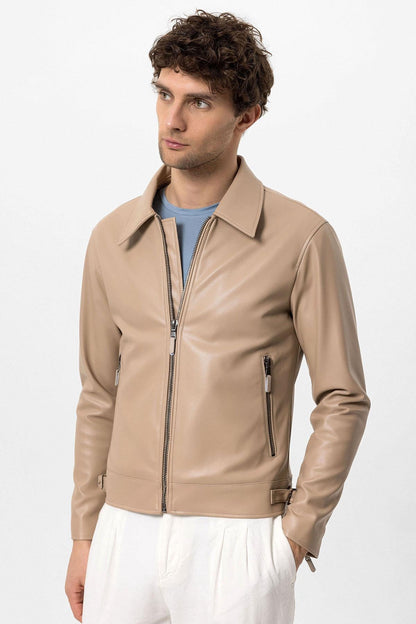 KOALA SYDNEY Men's Beige Zipper Sleeve Faux Leather Jacket