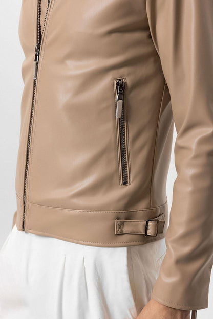 KOALA SYDNEY Men's Beige Zipper Sleeve Faux Leather Jacket