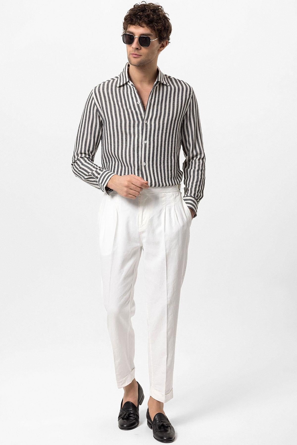 Men's Black Slim Fit Striped Long Sleeve Shirt