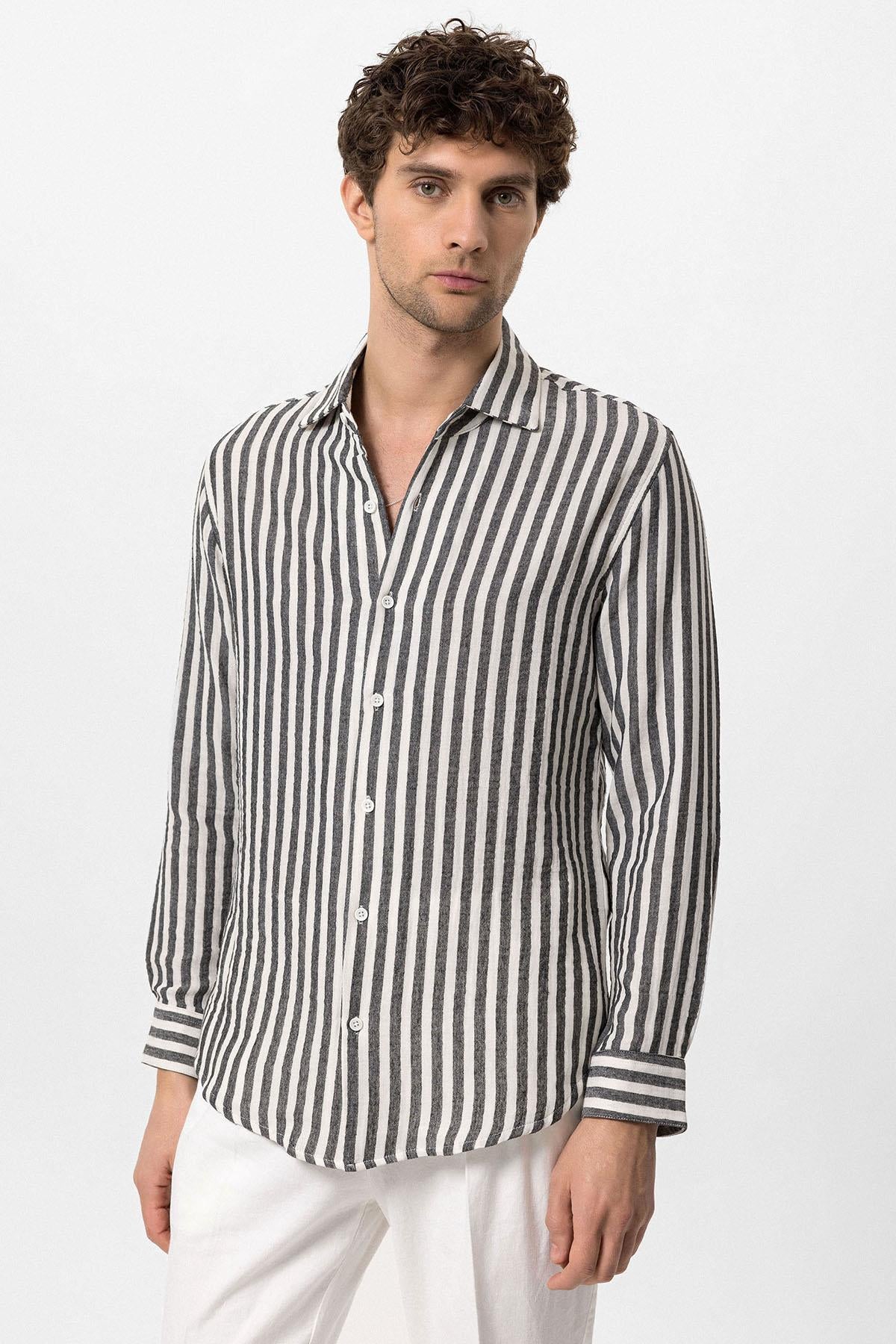 KOALA SYDNEY  Men's Black Slim Fit Striped Long Sleeve Shirt -