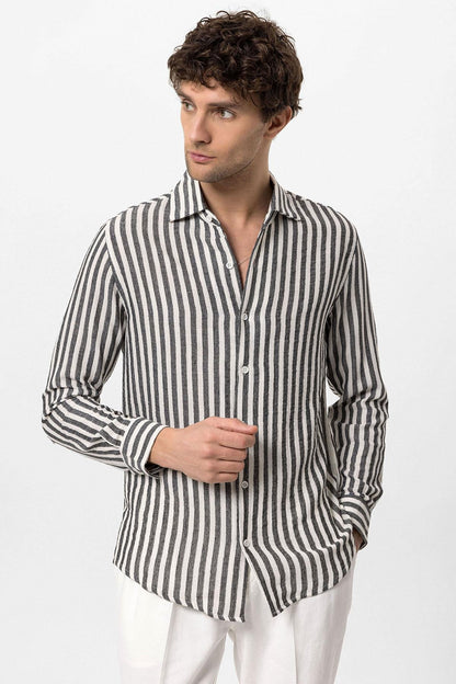 Men's Black Slim Fit Striped Long Sleeve Shirt