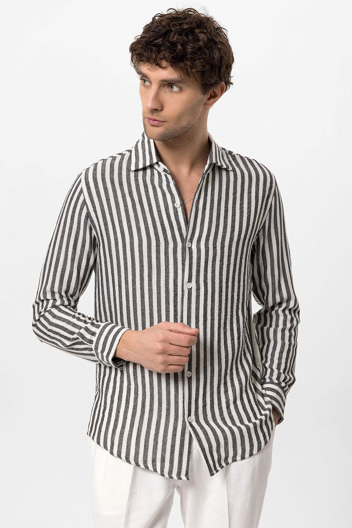 KOALA SYDNEY  Men's Black Slim Fit Striped Long Sleeve Shirt -
