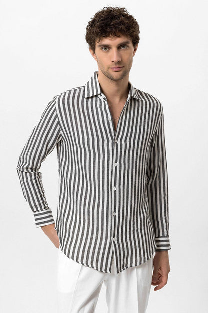 KOALA SYDNEY Men's Black Slim Fit Striped Long Sleeve Shirt
