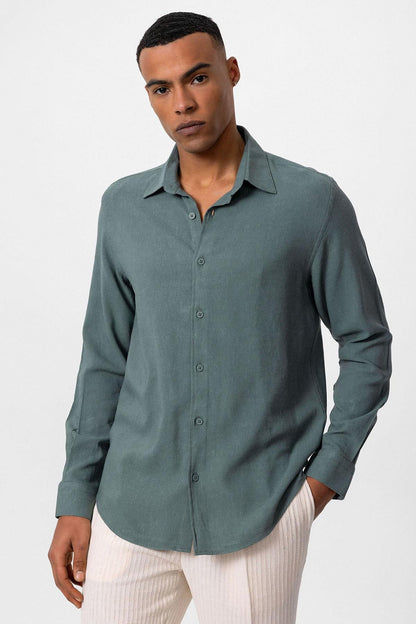 Men's Dark Khaki Long-Sleeve Linen Shirt