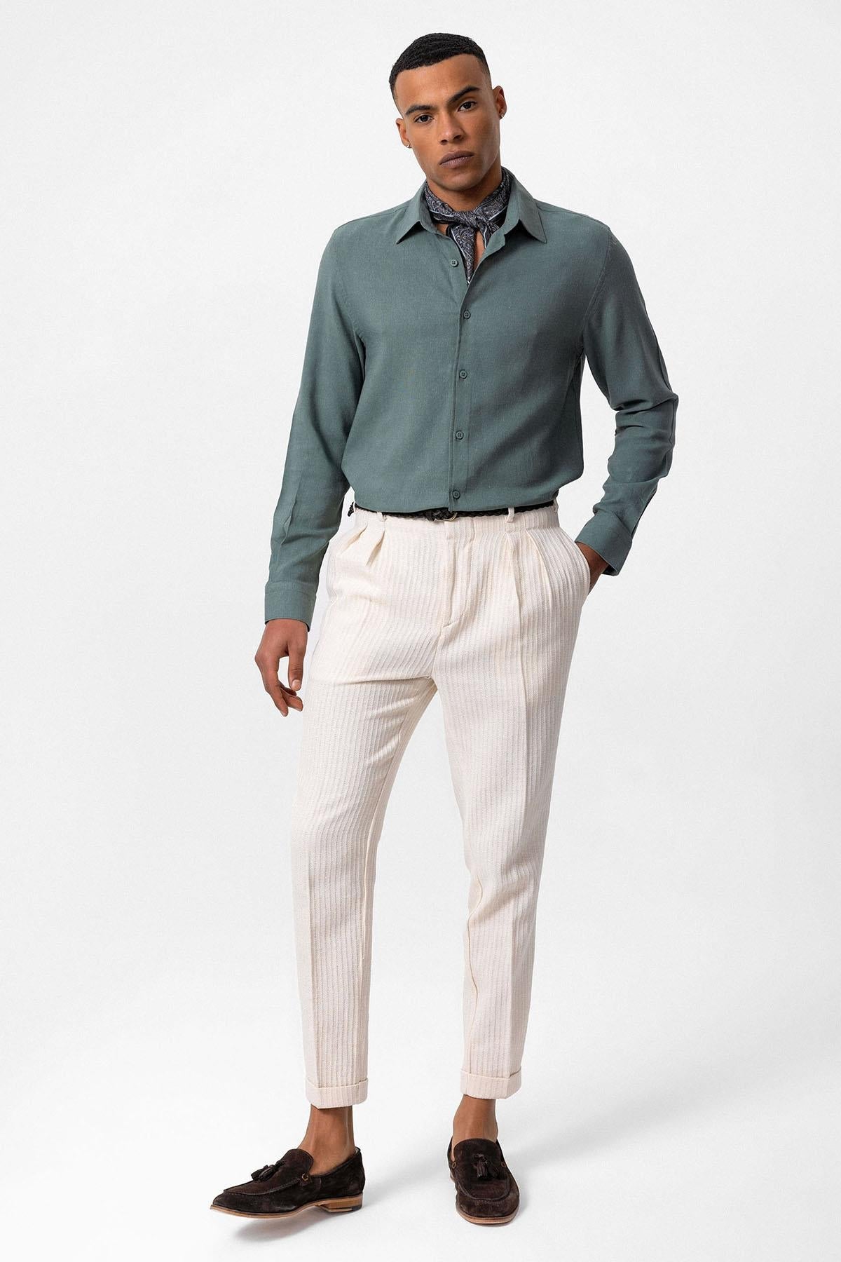 Men's Dark Khaki Long-Sleeve Linen Shirt