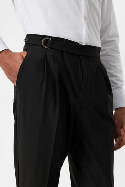 Men's Dark Brown High-Waist Buckle Closure Pleated Pants
