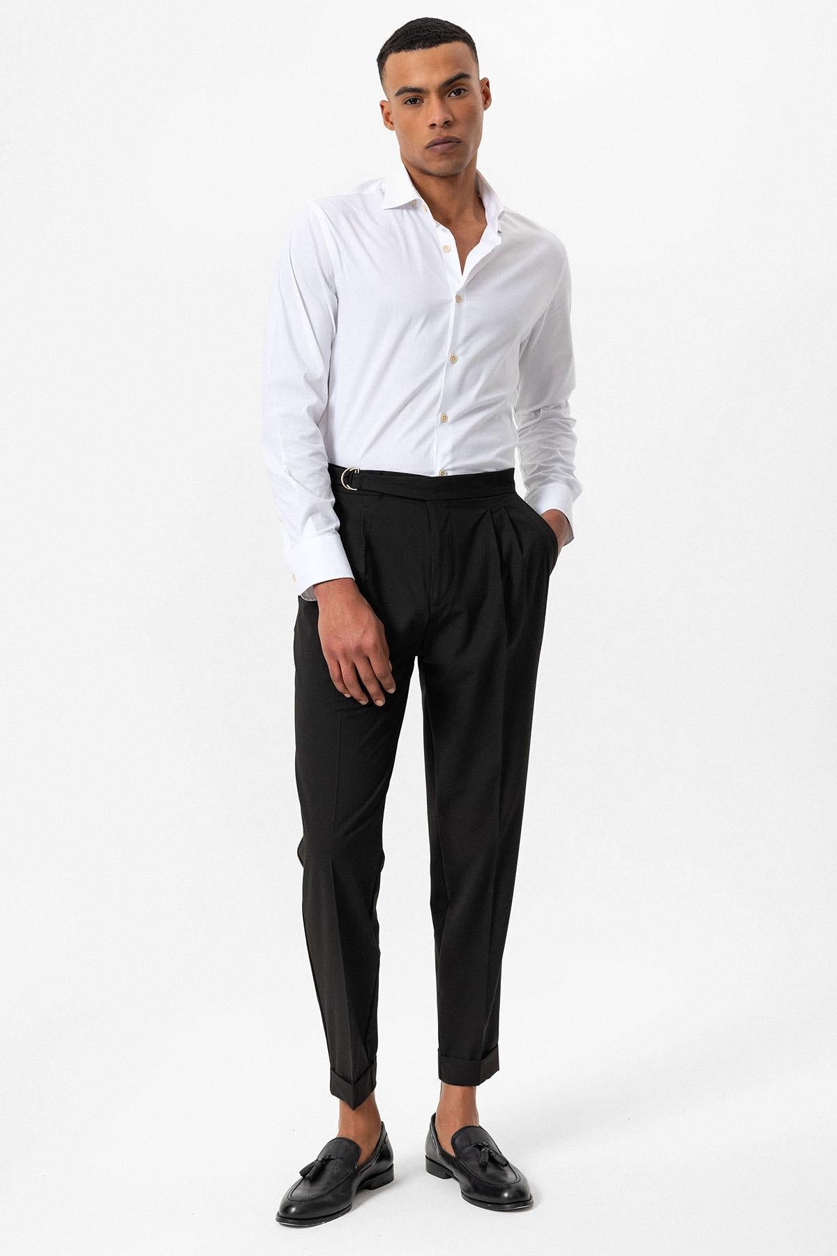 Men's Dark Brown High-Waist Buckle Closure Pleated Pants