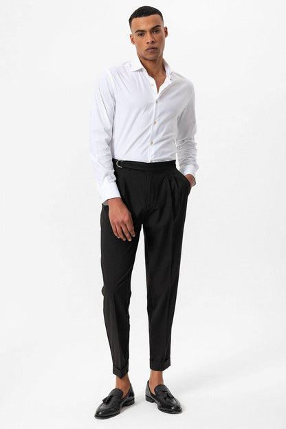 Men's Dark Brown High-Waist Buckle Closure Pleated Pants