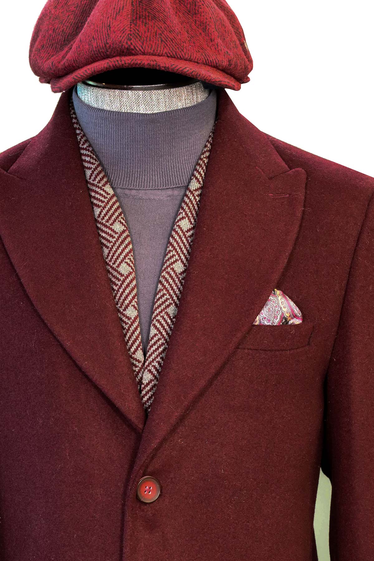 Burgundy Wool Coat, Knit Sweater, Scarf, Cap, and Patterned Trousers Combination - Noble Winter Style