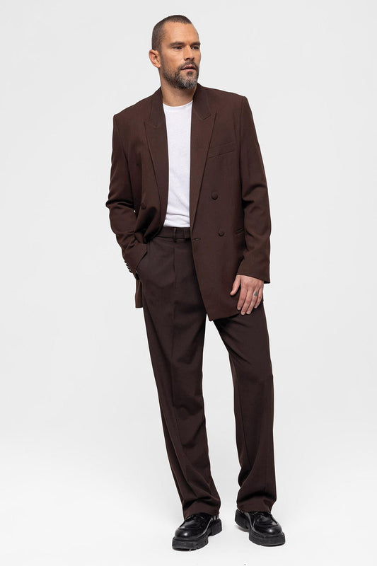 Men's Brown Double Breasted Blazer Jacket - Wessi