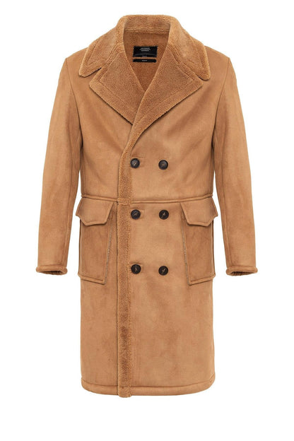 Camel Double-Breasted Closure Lining Detailed Men's Coat