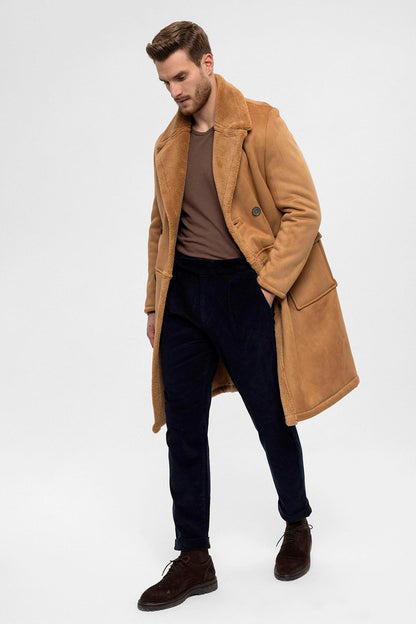 Camel Double-Breasted Closure Lining Detailed Men's Coat