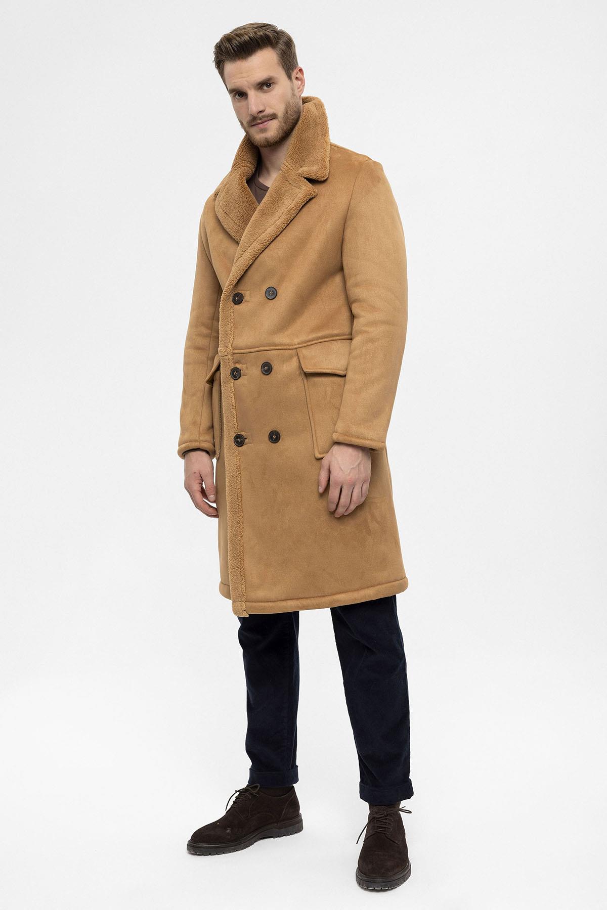 Camel Double-Breasted Closure Lining Detailed Men's Coat