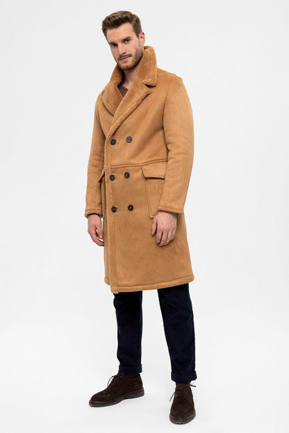 Camel Double-Breasted Closure Lining Detailed Men's Coat