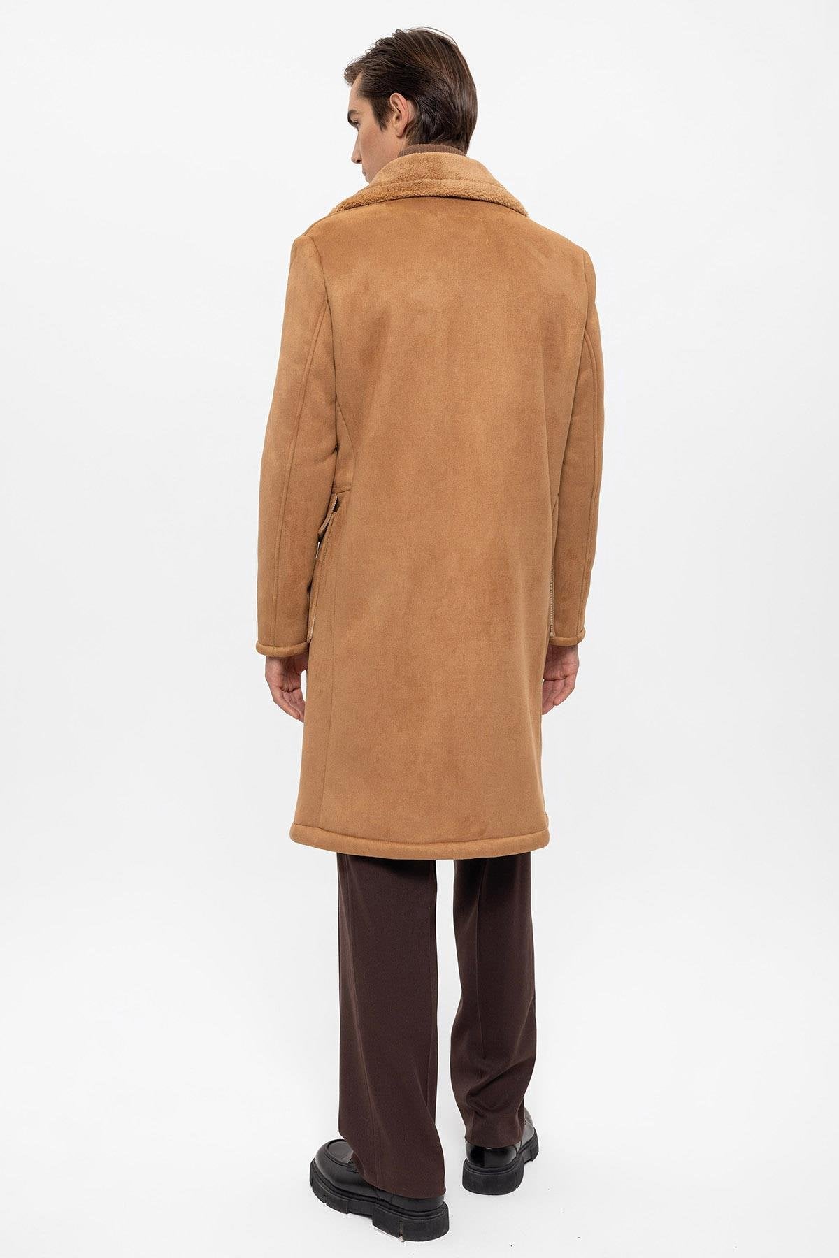 Camel Double-Breasted Closure Lining Detailed Men's Coat