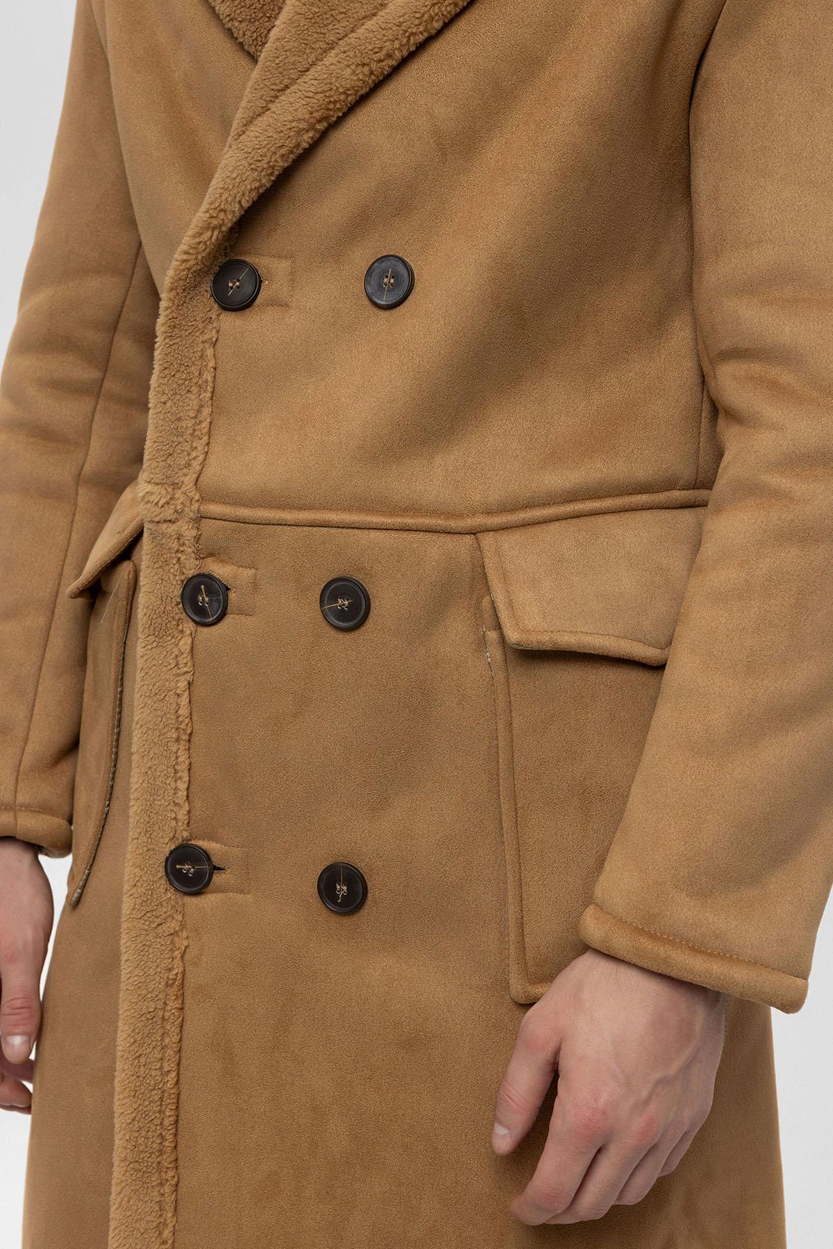 Camel Double-Breasted Closure Lining Detailed Men's Coat