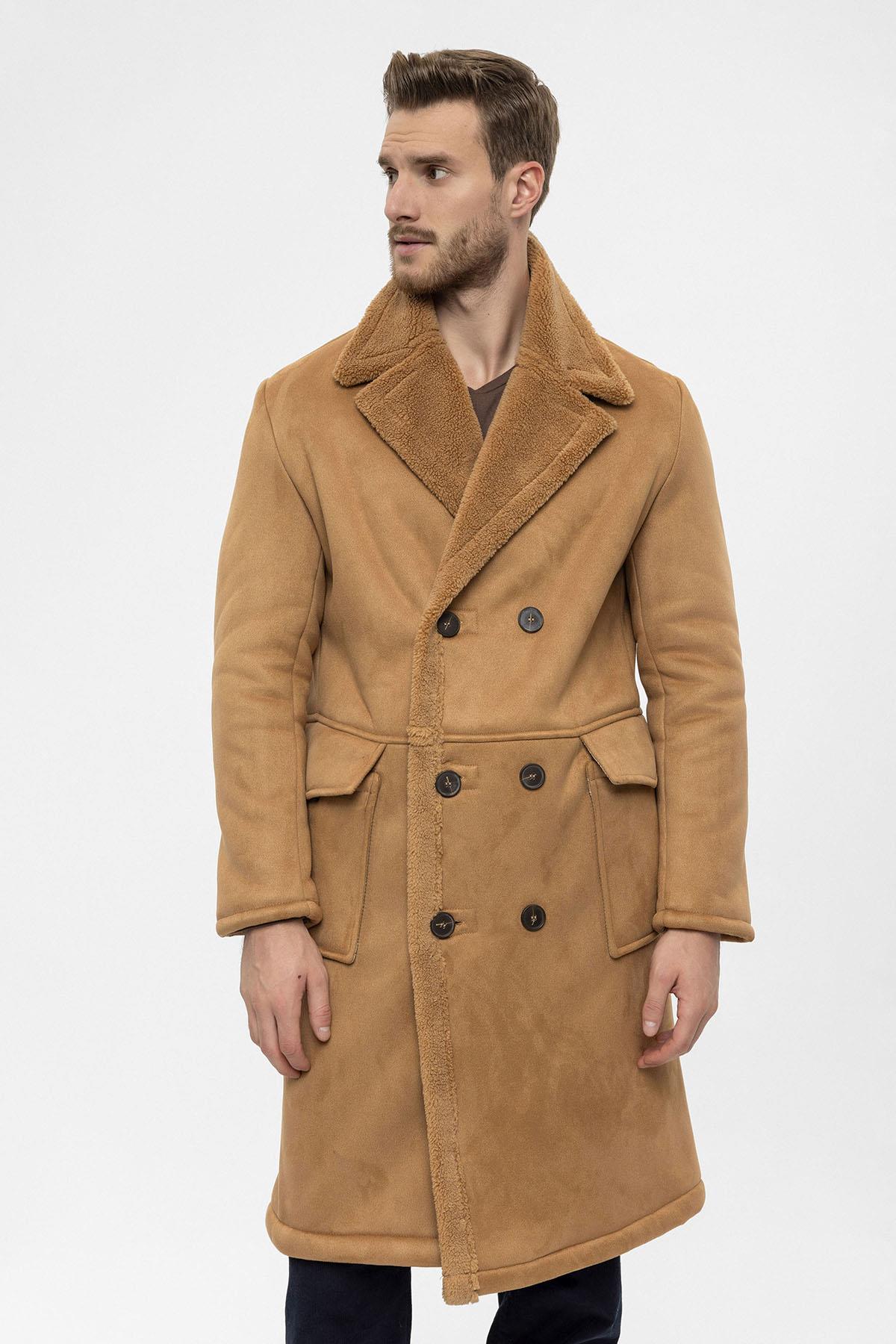 Camel Double-Breasted Closure Lining Detailed Men's Coat