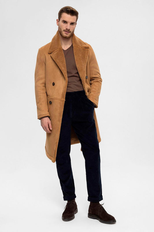 Camel Double-Breasted Closure Lining Detailed Men's Coat