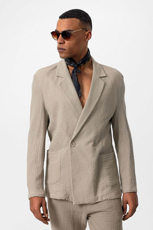 Men's Beige Double-Breasted Plain Blazer