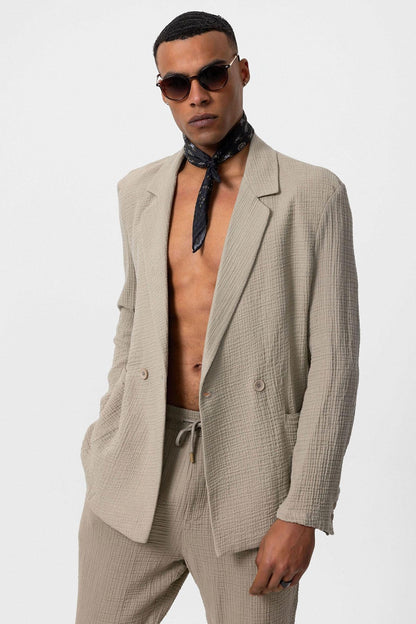 Men's Beige Double-Breasted Plain Blazer