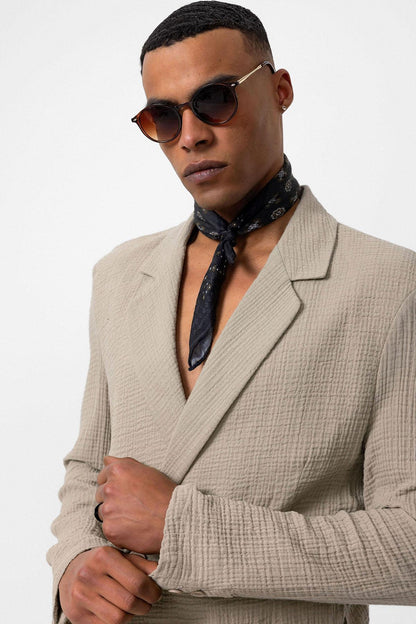 Men's Beige Double-Breasted Plain Blazer