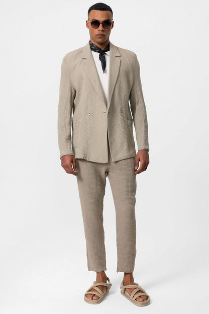 Men's Beige Double-Breasted Plain Blazer