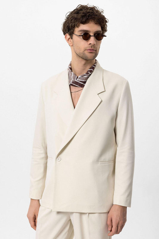 Men's Ecru Double-Breasted Flap Pocket Blazer