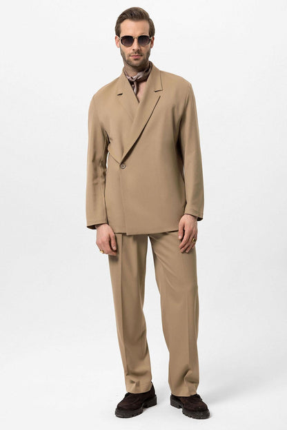 Men's Camel Double-Breasted Hidden Pocket Blazer