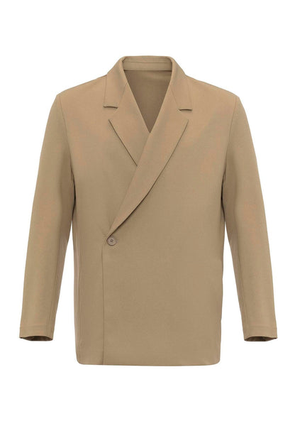 Men's Camel Double-Breasted Hidden Pocket Blazer