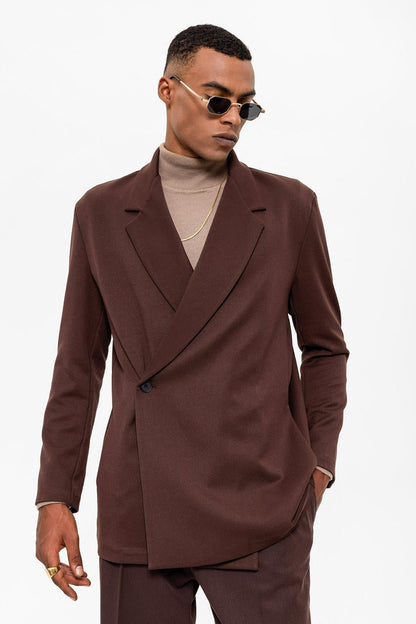 Men's Brown Double Breasted Closure Hidden Pocket Blazer Jacket