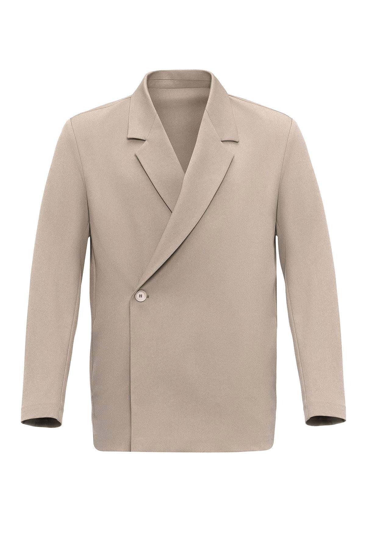 Men's Beige Double-Breasted Hidden Pocket Blazer