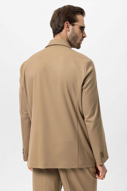 Men's Camel Double-Breasted Hidden Pocket Blazer