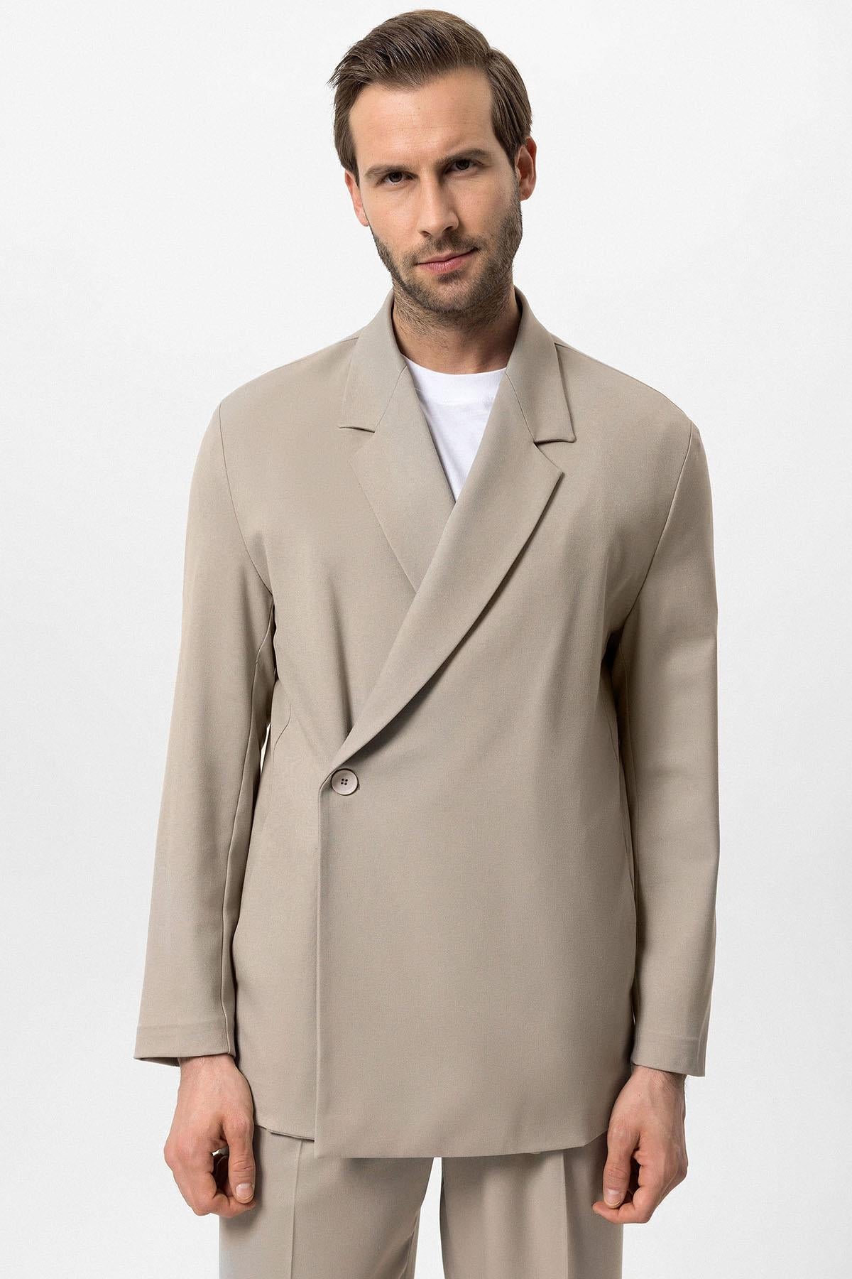Men's Beige Double-Breasted Hidden Pocket Blazer