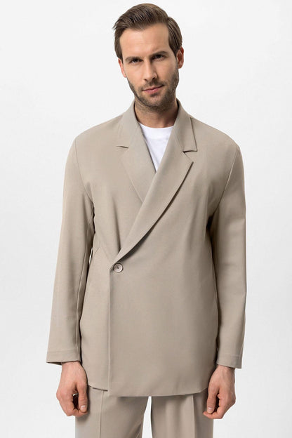 Men's Beige Double-Breasted Hidden Pocket Blazer