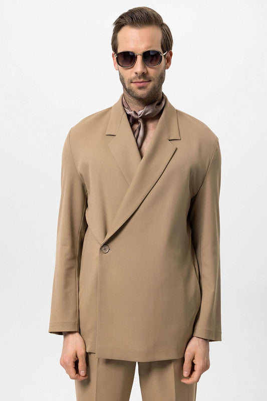 Men's Camel Double-Breasted Hidden Pocket Blazer