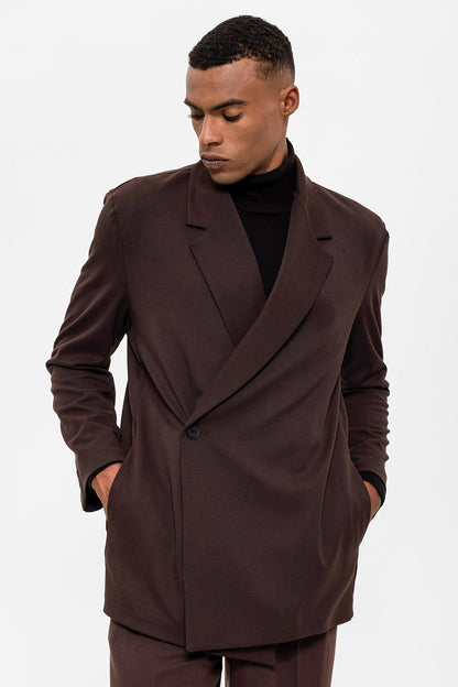 Men's Dark Brown Double Breasted Closure Hidden Pocket Blazer Jacket